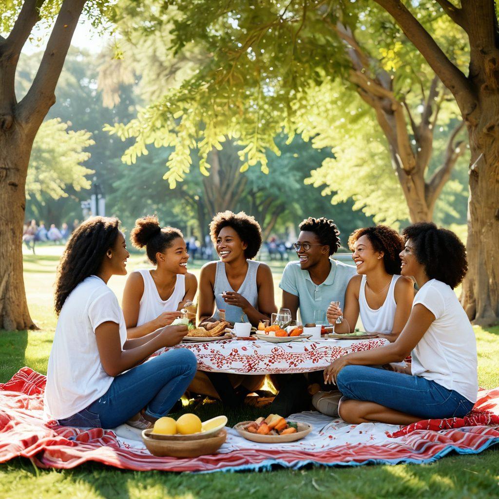 A heartwarming scene depicting a diverse group of friends laughing and sharing a meal together in a sunlit park. The atmosphere radiates joy and connection, with soft sunlight filtering through the trees, casting warm shadows. Colorful blankets are laid out, and various dishes symbolize togetherness. Add subtle elements like flowers and birds to enhance the feeling of unity. vibrant colors. super-realistic. natural setting.