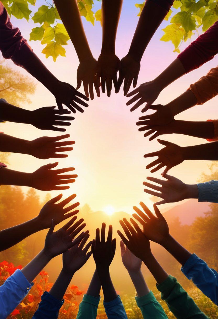 A diverse group of individuals standing together, symbolizing unity and support, with hands joined in a colorful circle. The background features a serene nature scene with a sunrise, representing hope and new beginnings. Subtle elements of teamwork, like intertwined vines or puzzle pieces, enhance the theme of partnership. super-realistic. vibrant colors. soft lighting.
