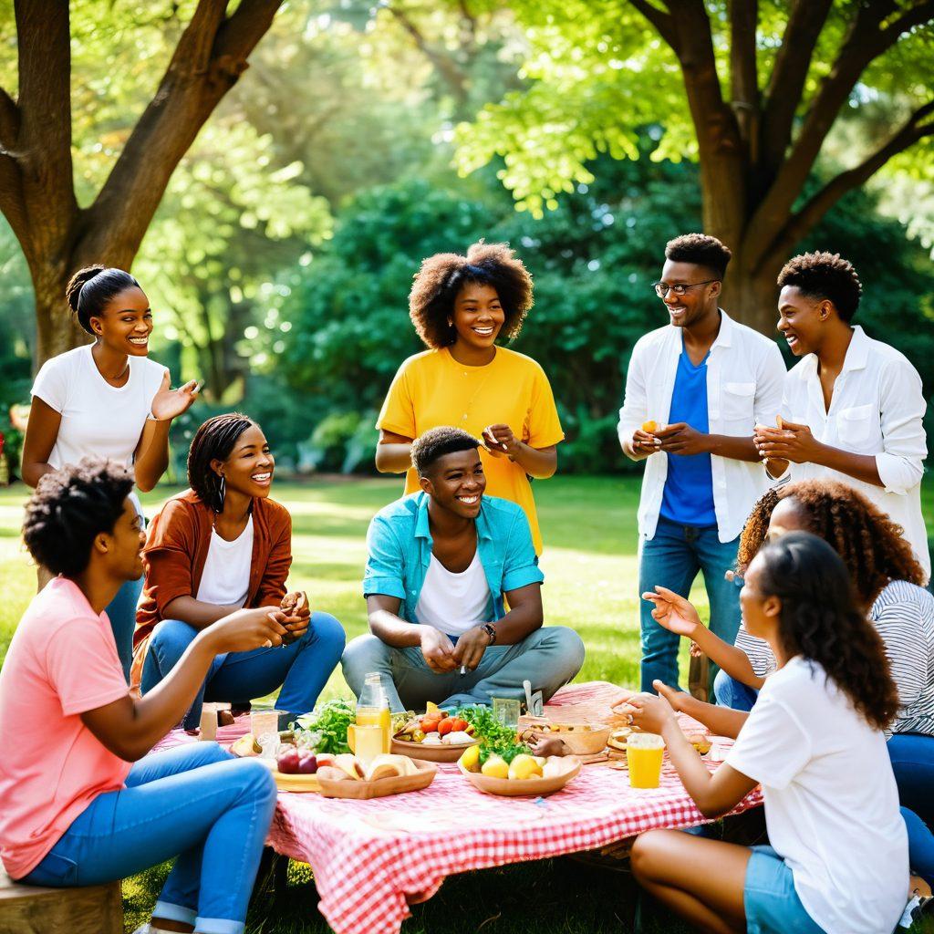 A colorful gathering of diverse friends engaged in various activities, such as playing games, sharing stories, and cooking together, in a vibrant park setting filled with lush greenery and picnic setups. Each person expresses joy and camaraderie, showcasing their unique backgrounds through clothing and gestures. Sunlight filters through the trees, casting a warm glow on the scene, symbolizing unity and togetherness. cartoon style. vivid colors. cheerful atmosphere.